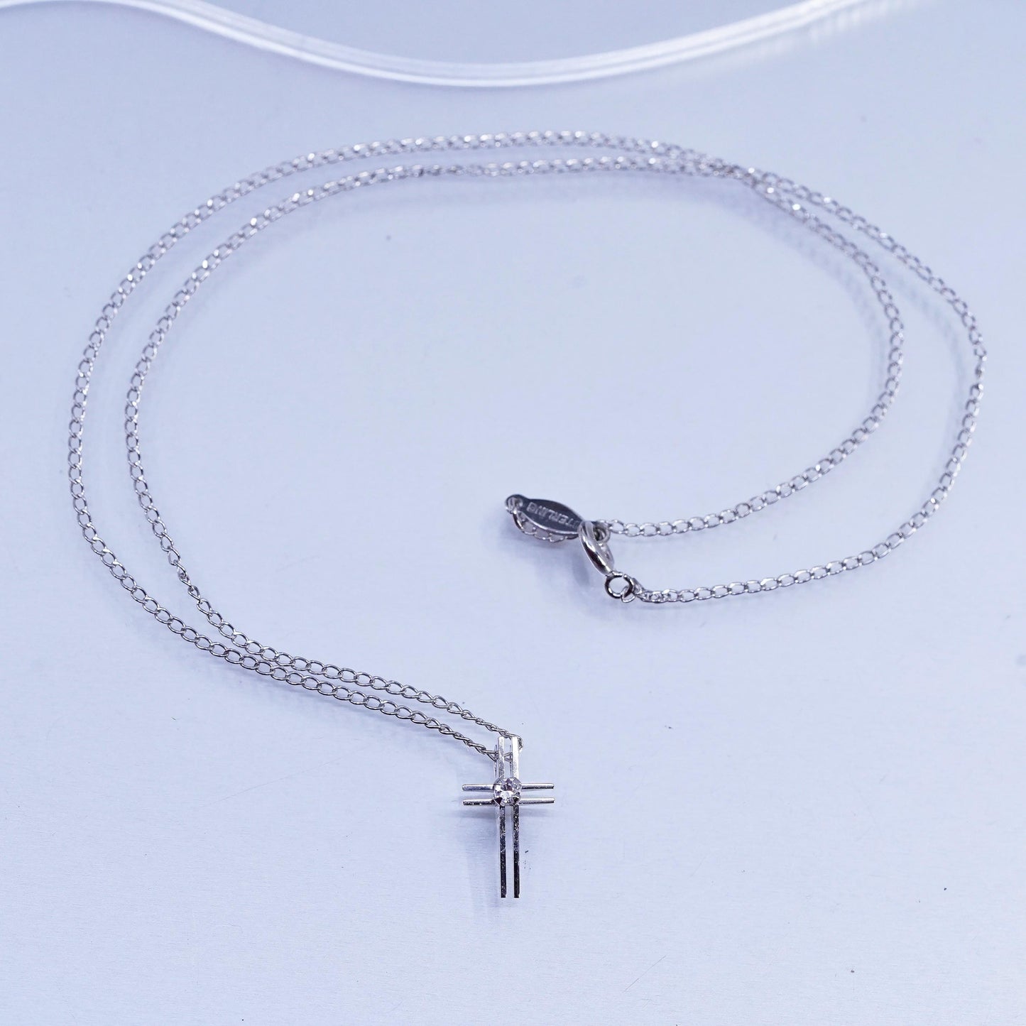 16", vintage Sterling 925 silver handmade curb necklace with cz cross pendant