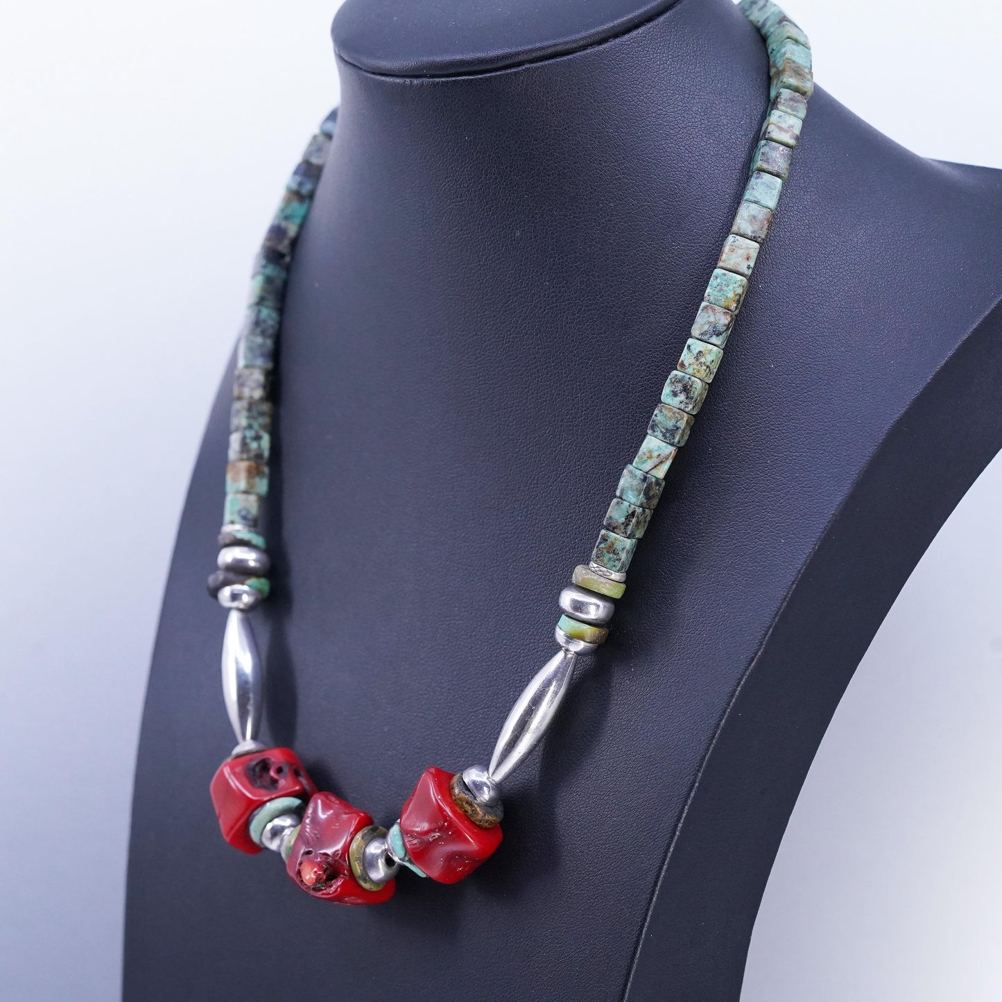 18", Native American Sterling 925 silver heishi necklace turquoise bead coral