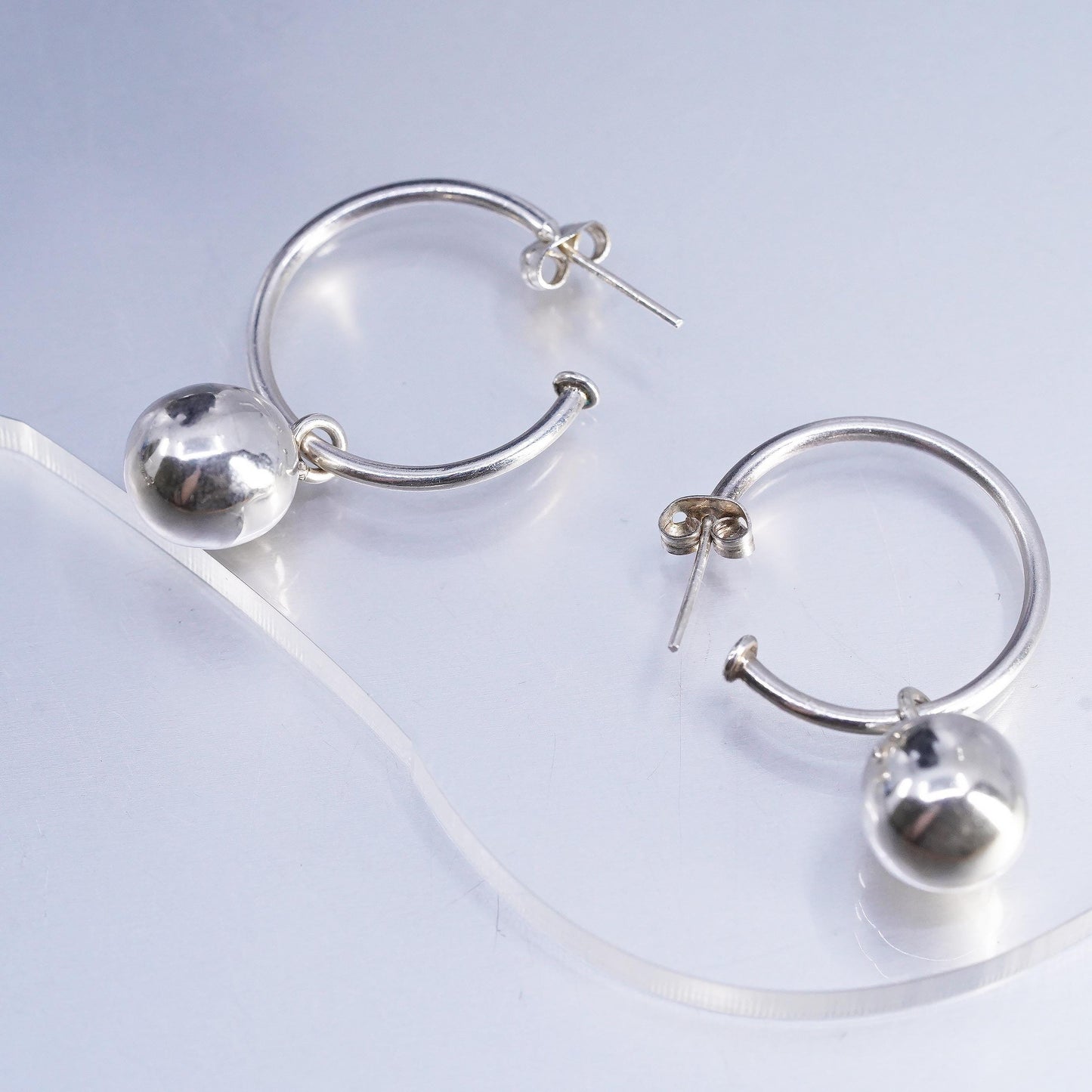 1", Vintage Sterling Silver Ball Earrings, 925 Silver bead Dangle Sphere Hoops
