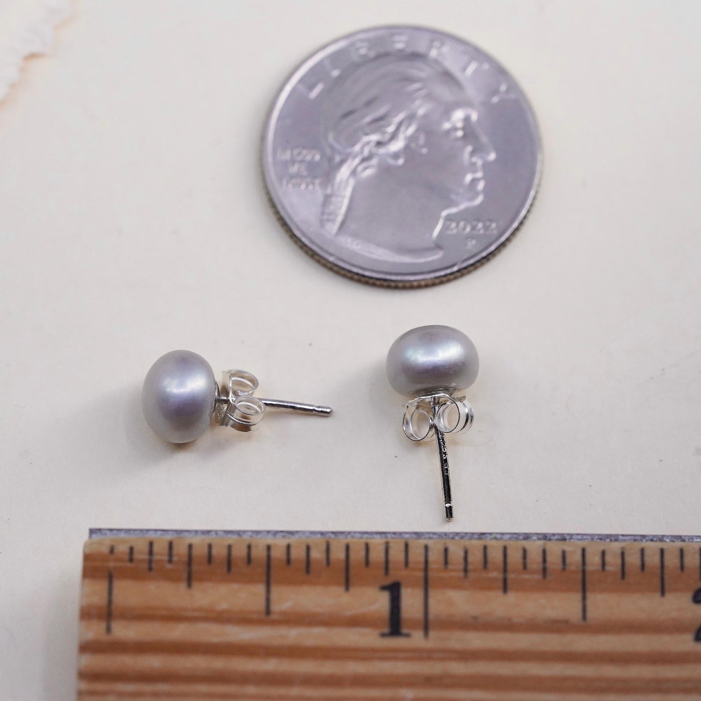 7mm, Vintage sterling silver earrings, 925 studs with gray pearl