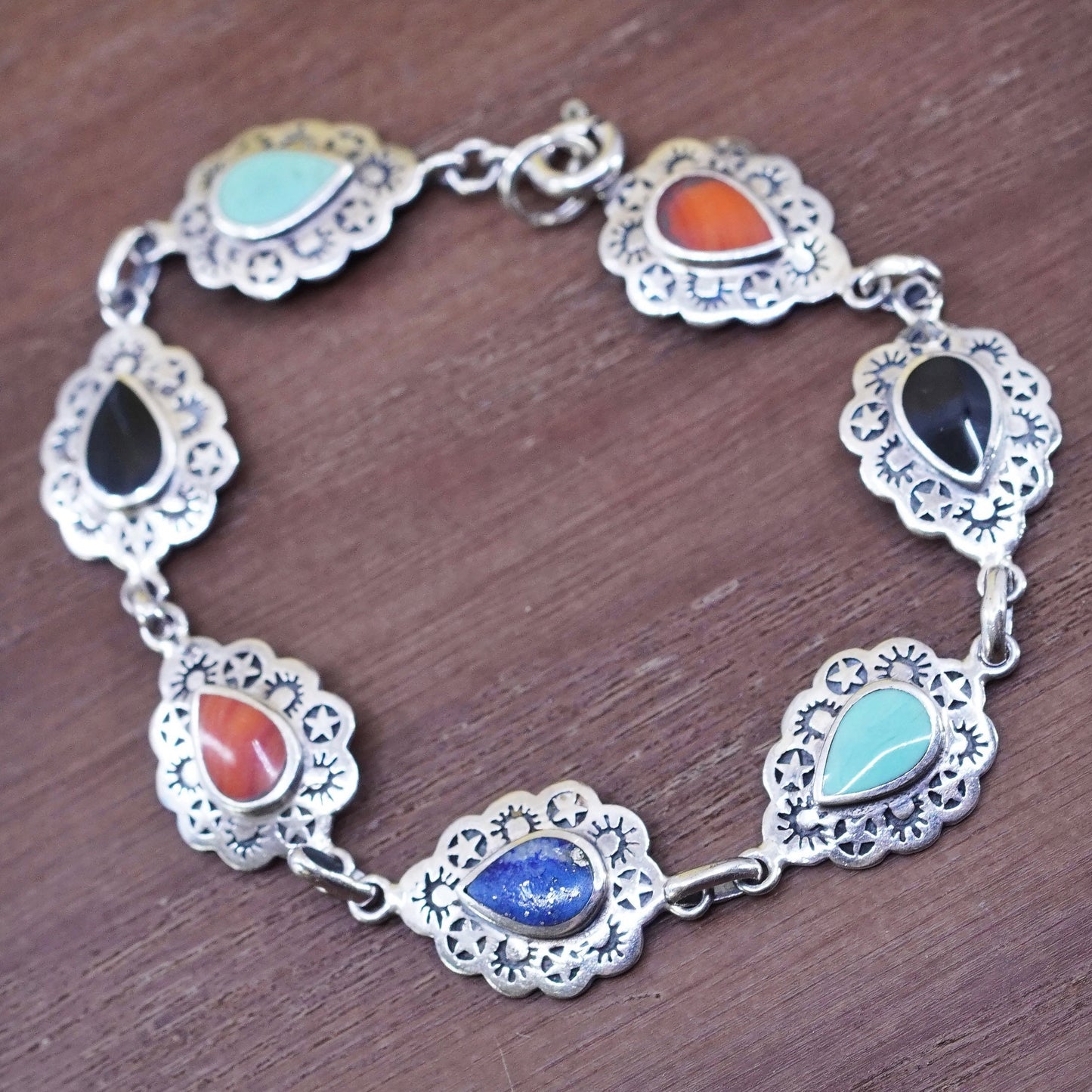 6”, Carolyn Pollack Sterling 925 silver teardrop bracelet lapis onyx carnelian