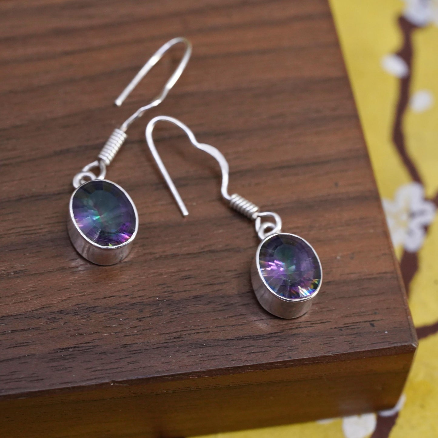 Vintage Sterling silver handmade earrings, 925 oval dangles rainbow topaz