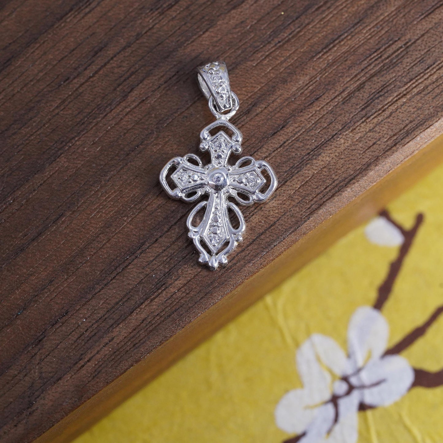 Sterling Silver Gothic Cross Pendant, Filigree CZ Charm, 925 Religious Pendant