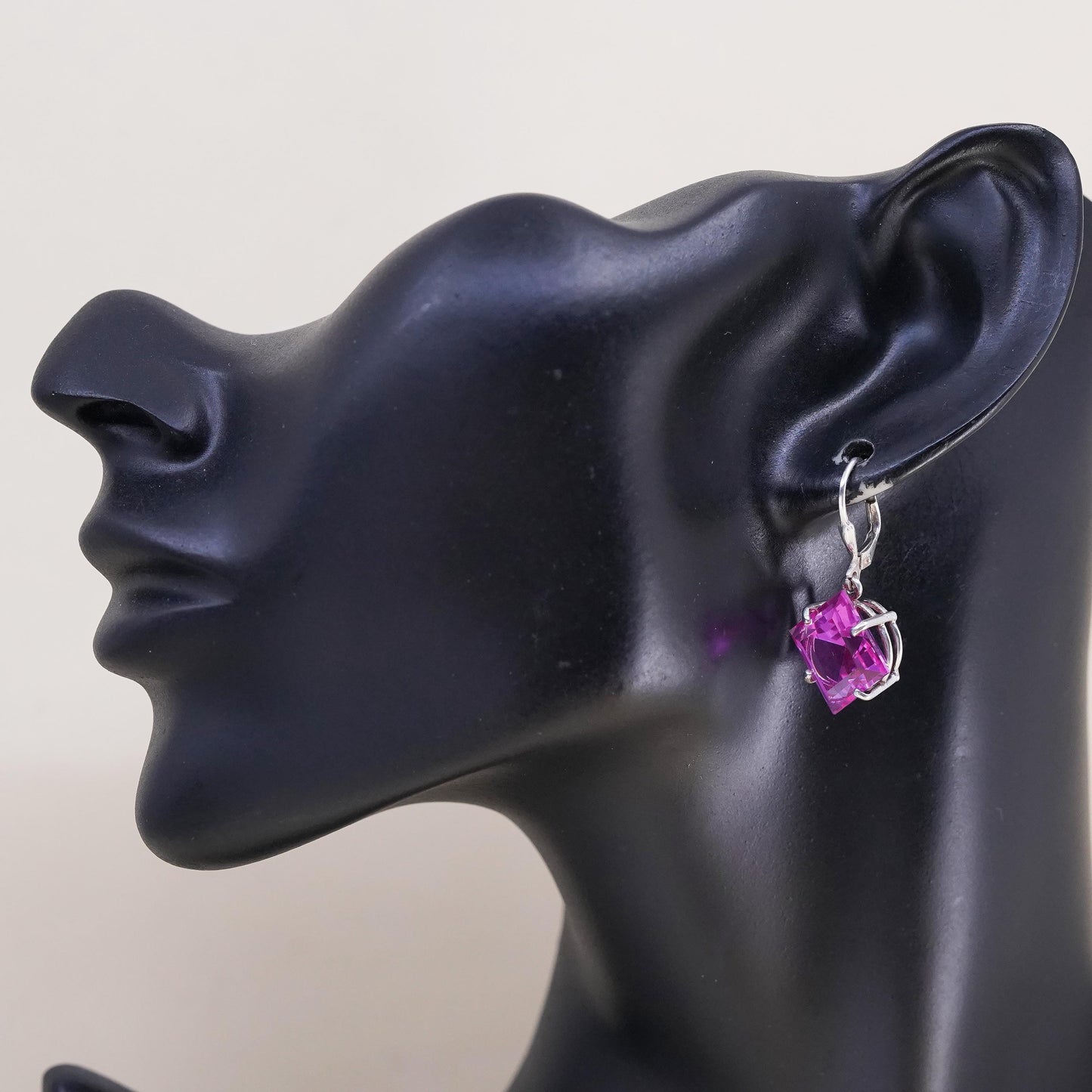 Vintage Sterling 925 silver handmade square earrings with pink crystal