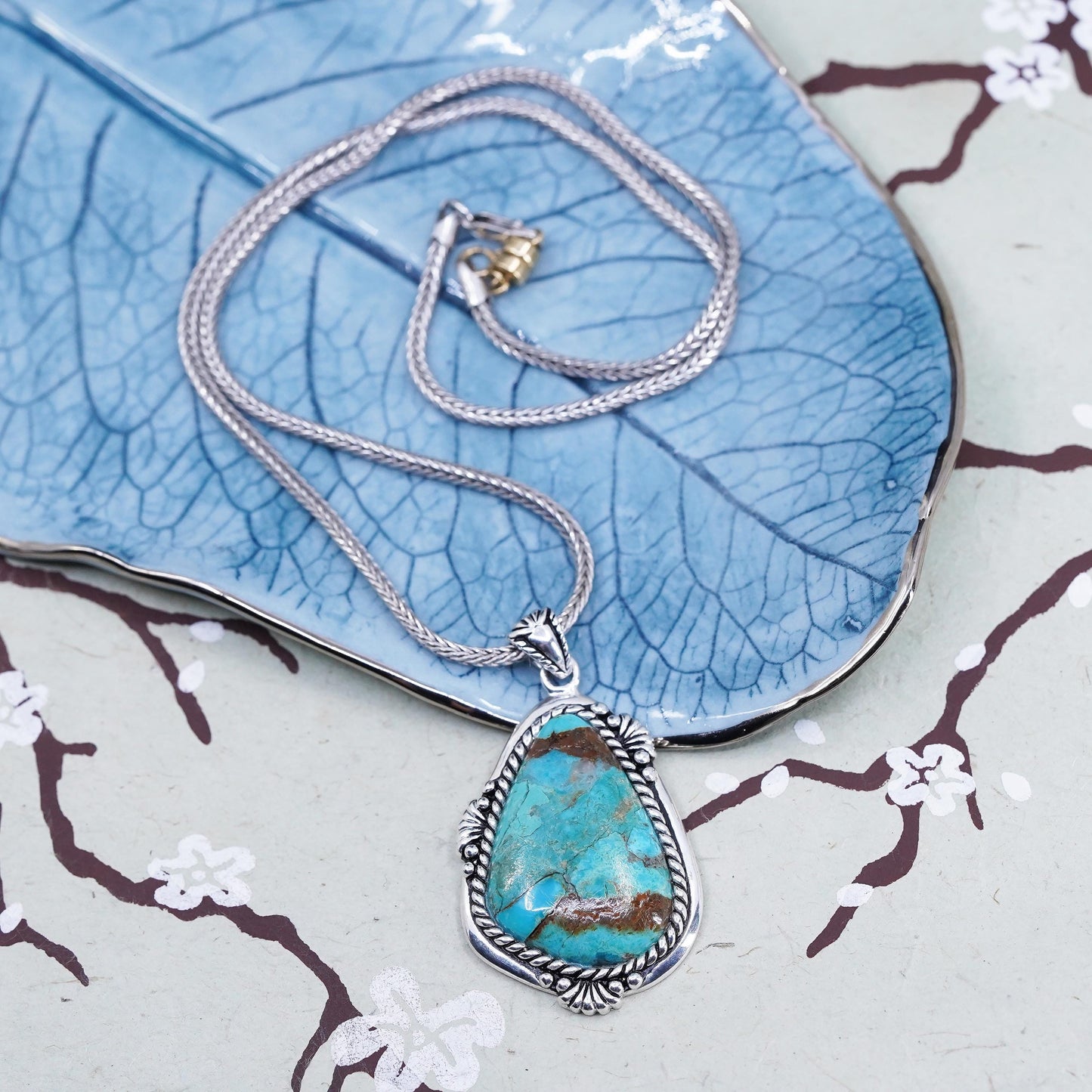 18" southwestern Sterling silver necklace, 925 wheat chain w/ turquoise pendant