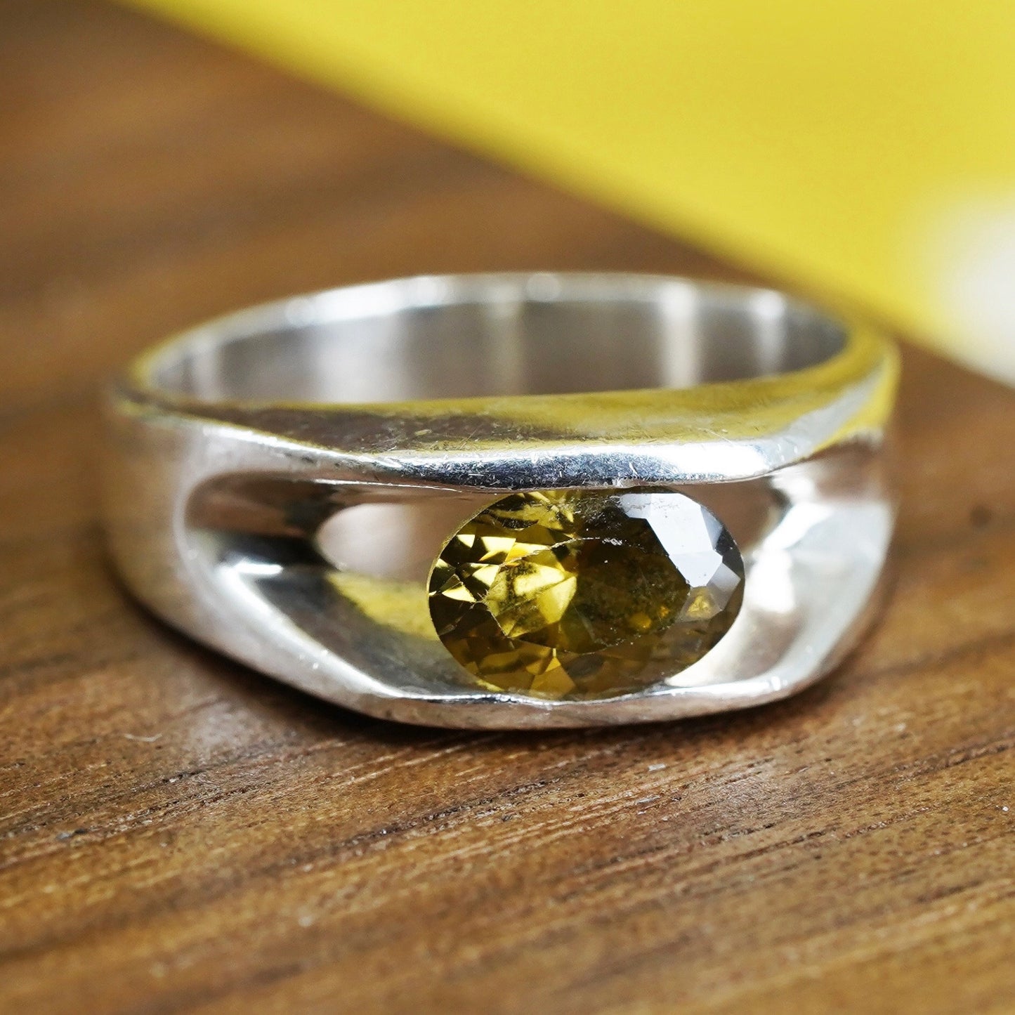 Size 4.75 vintage Sterling 925 silver handmade ring with oval peridot