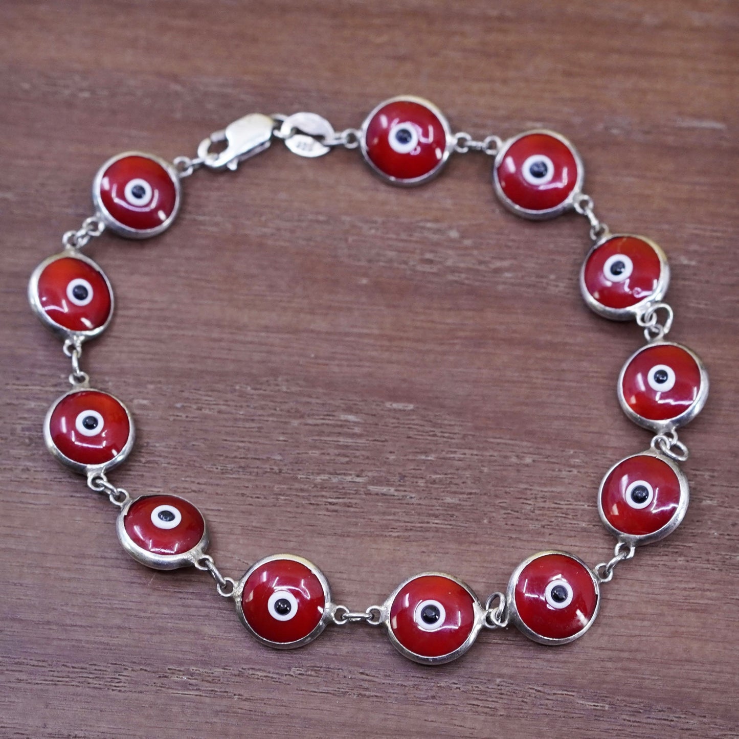 7.75”, vintage sterling 925 silver handmade bracelet red evil eye bracelet
