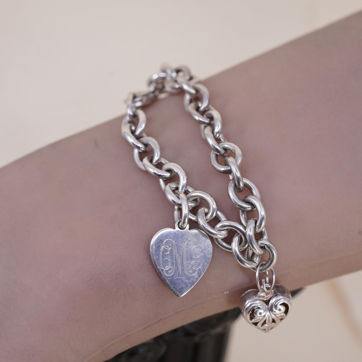 5.25", Vintage sterling silver bracelet, 925 filigree heart charm monogram CGM