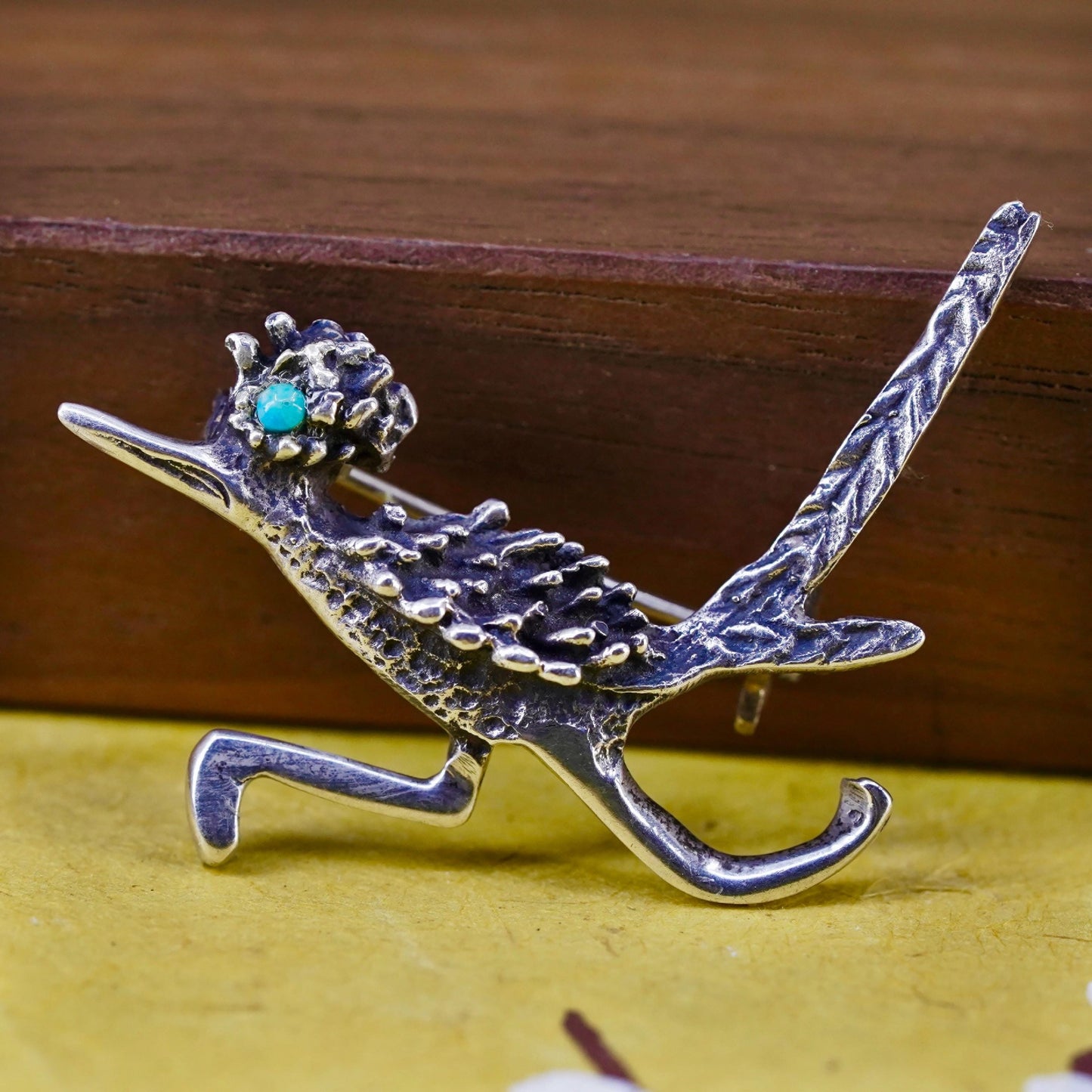 VTG sterling silver brooch, 925 Native American roadrunner bird pin turquoise