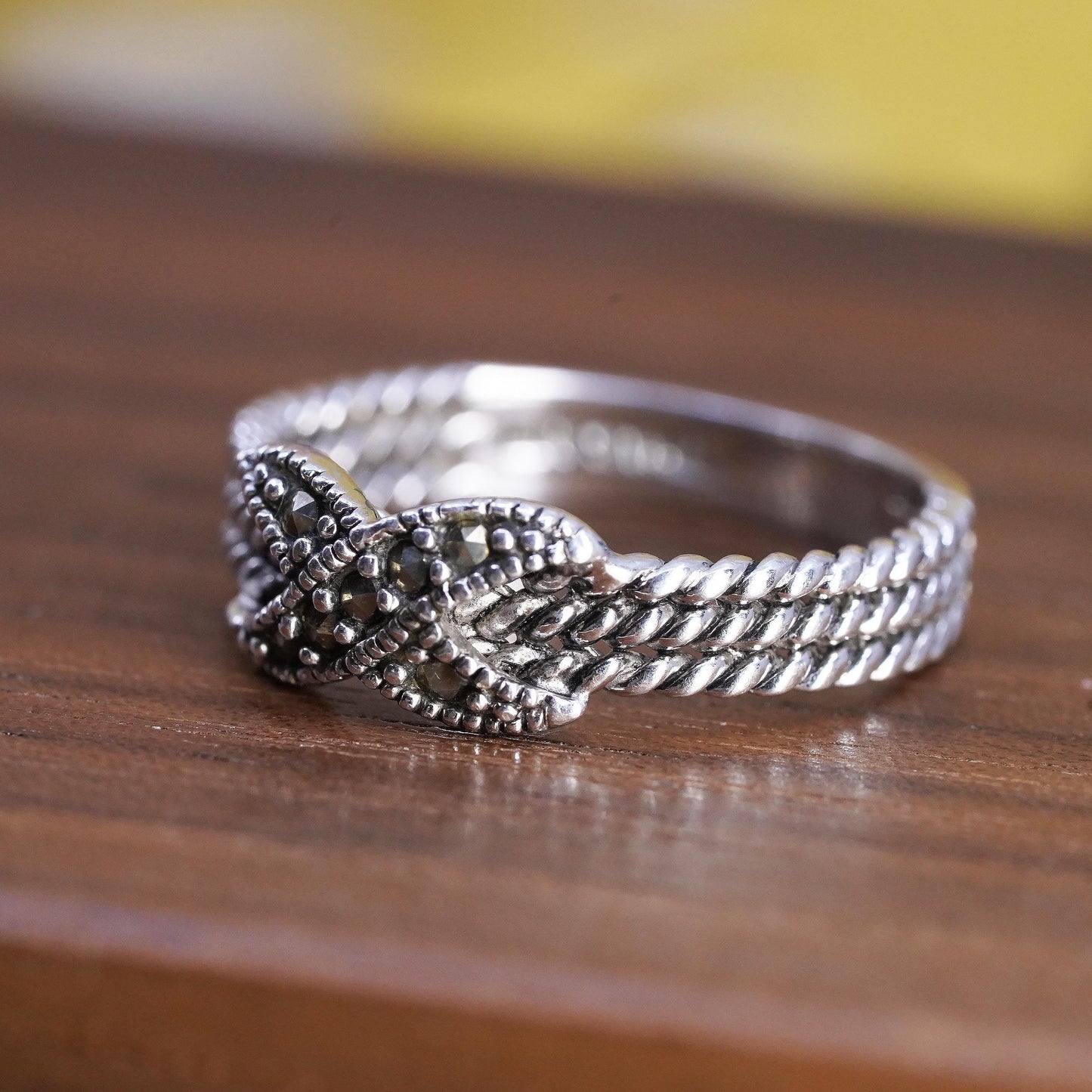 Size 8, Sterling Silver Marcasite Infinity Knot Ring, Rope Band, Art Deco Ring