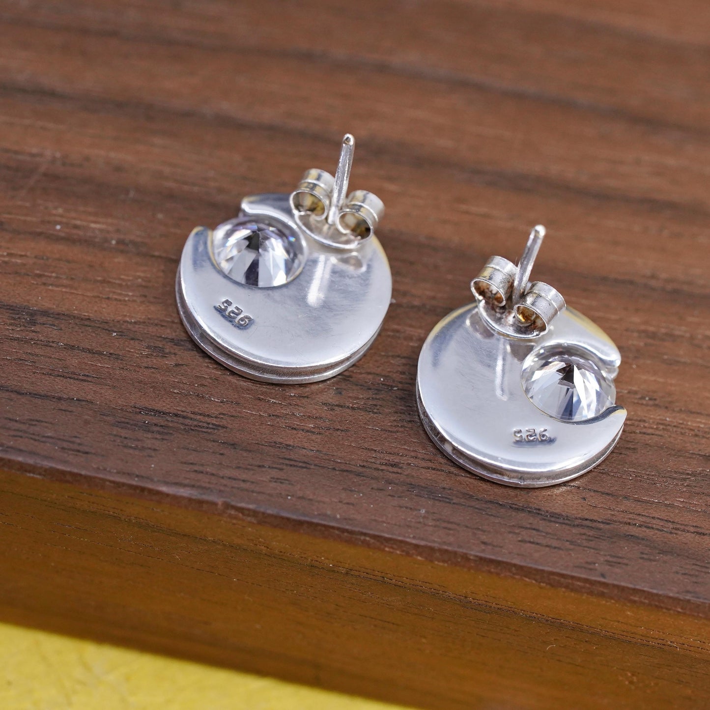 vintage Sterling silver handmade studs, circle moon earrings cz