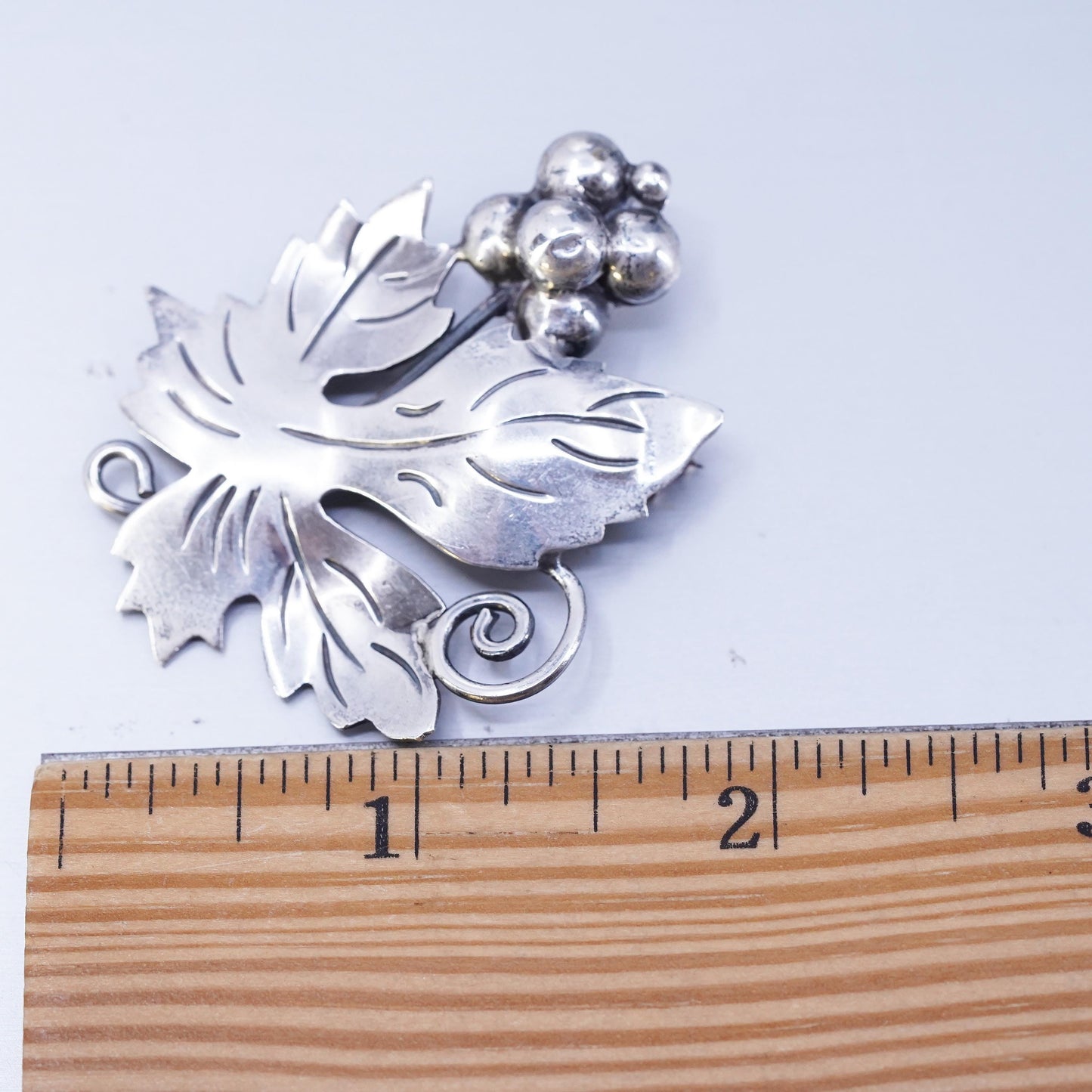 Vintage Mexican sterling silver handmade brooch, 925 grape leaf pin