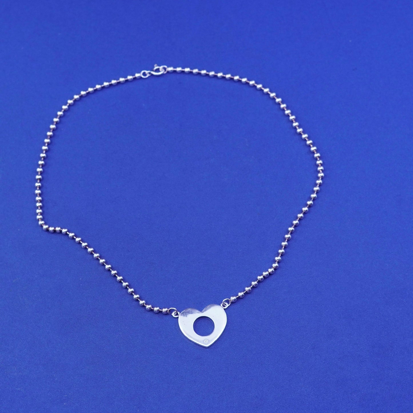 16”, 2mm, vintage Sterling silver necklace, 925 bead chain with heart pendant