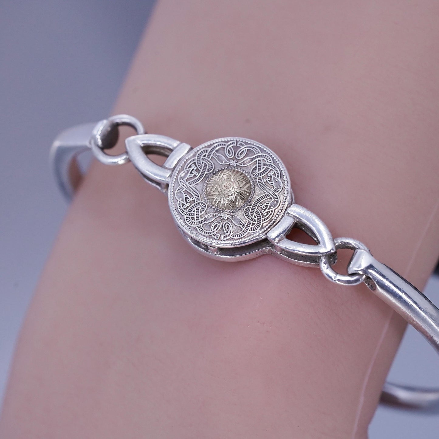 7”, two tone Irish Sterling 925 silver bracelet, hinged bangle 14K yellow gold