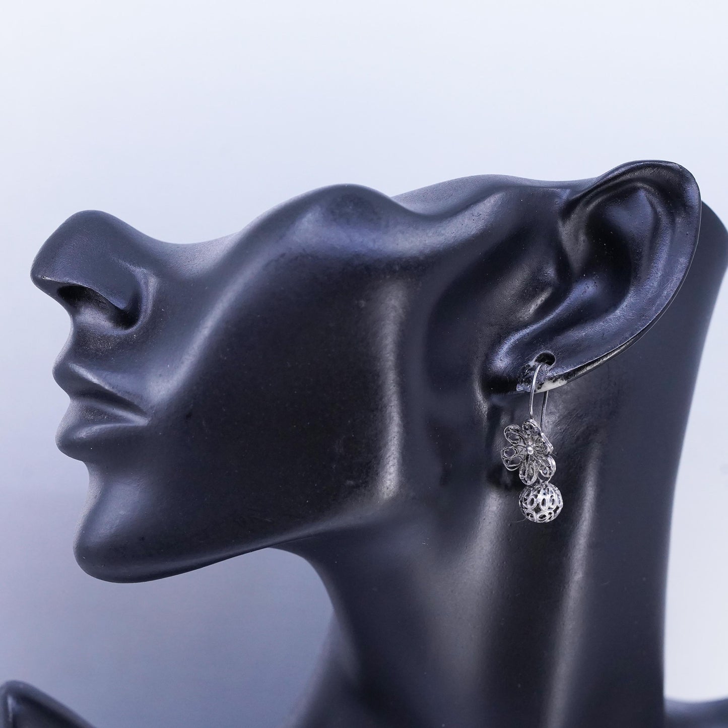 Vintage Sterling 925 silver handmade filigree flower and bead earrings