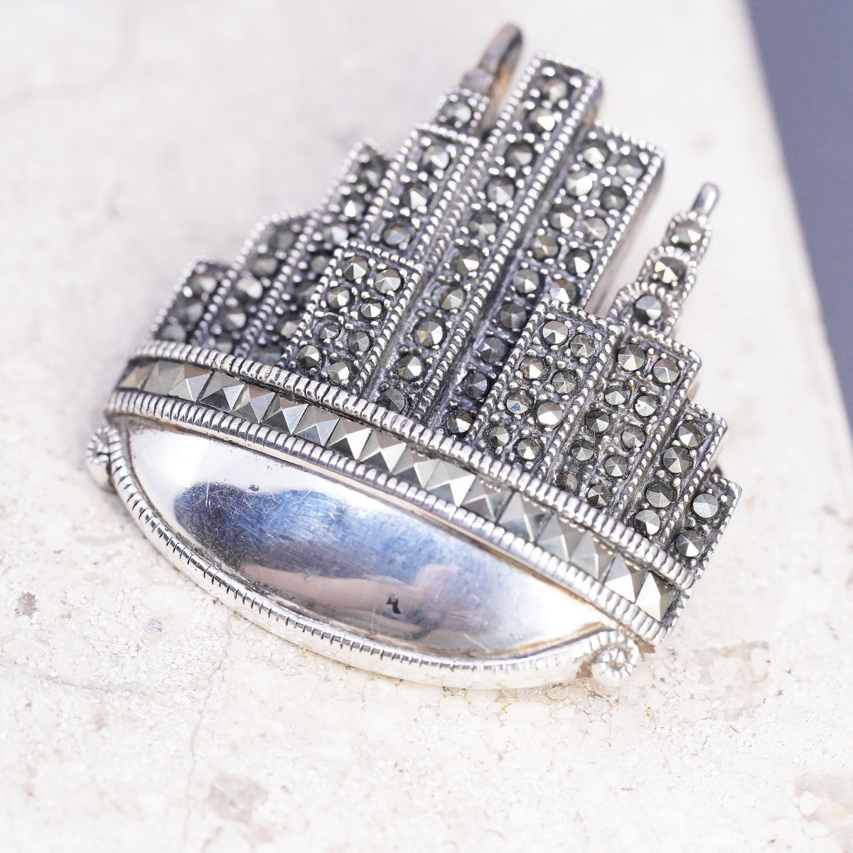 DBJ Sterling 925 Silver Marcasite Art Deco New York City Skyline Brooch Pendant