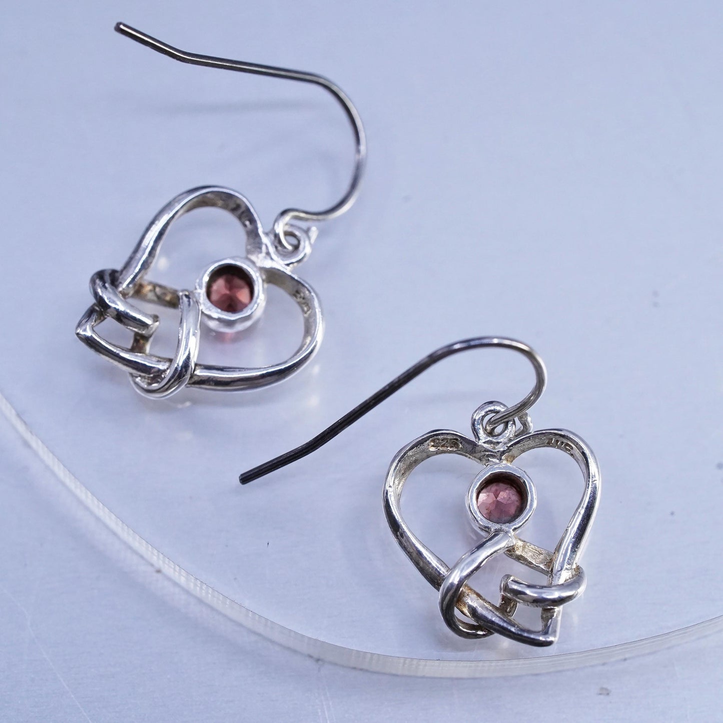 Vintage Sterling 925 silver heart earrings with garnet