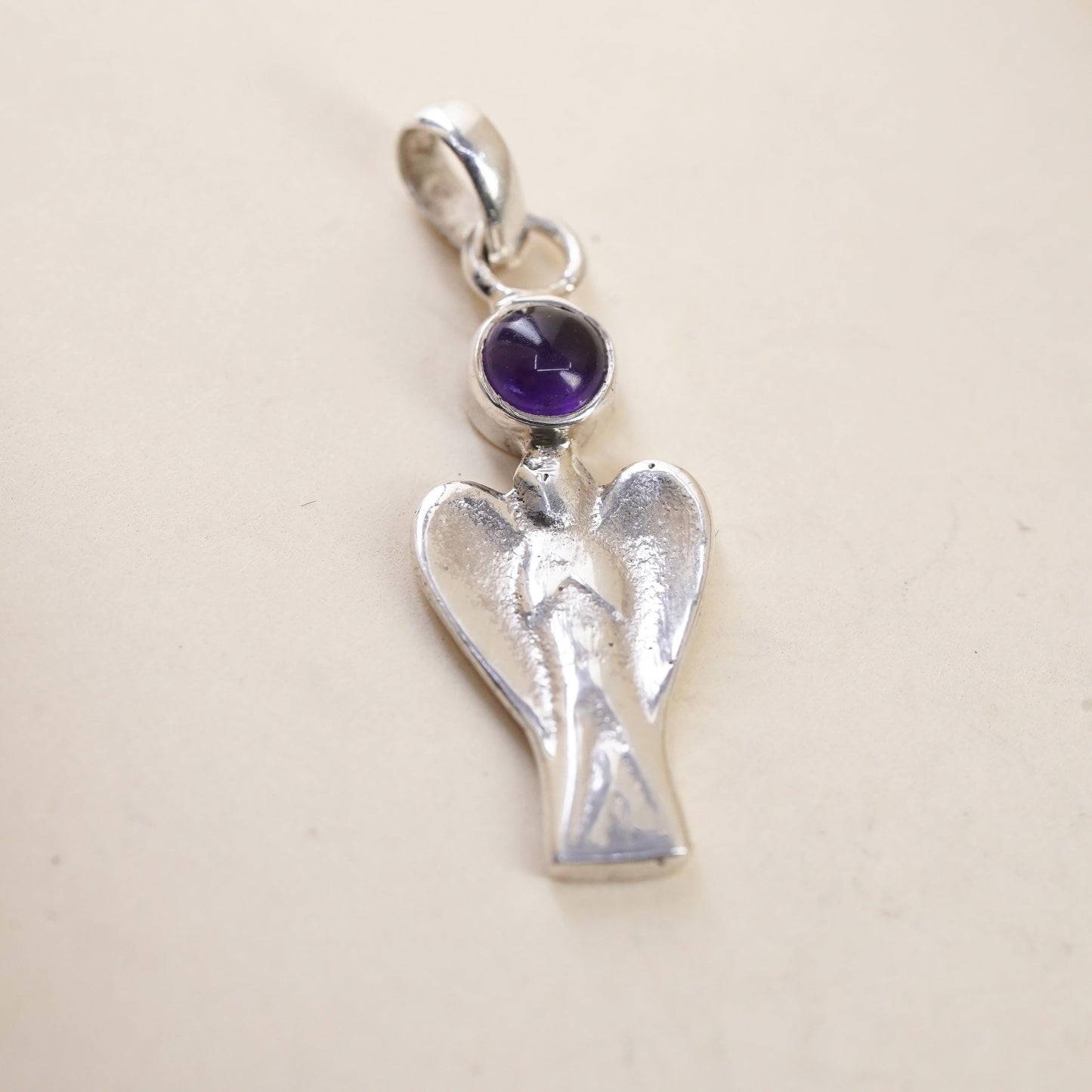 Vintage Sterling silver handmade angel pendant, 925 charm with amethyst