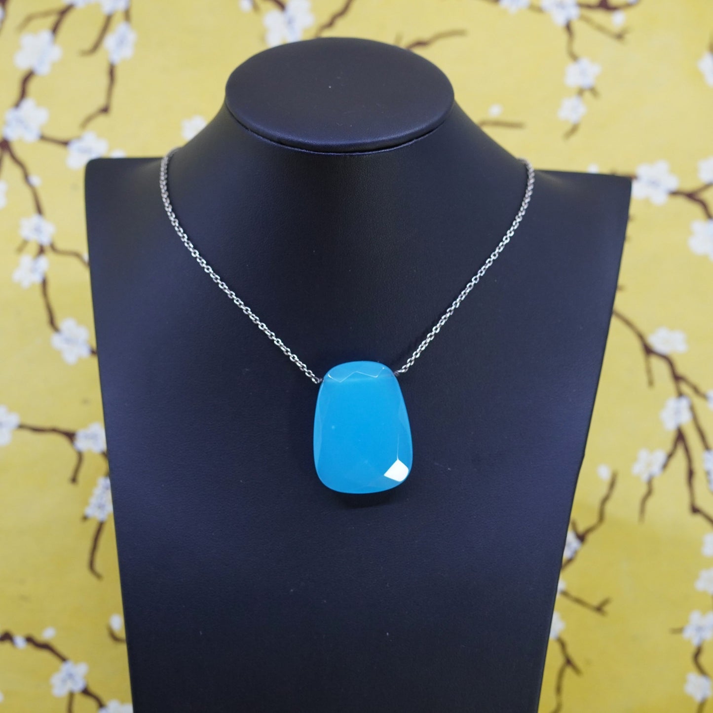 16”, vintage Sterling silver necklace, 925 circle chain blue crystal pendant