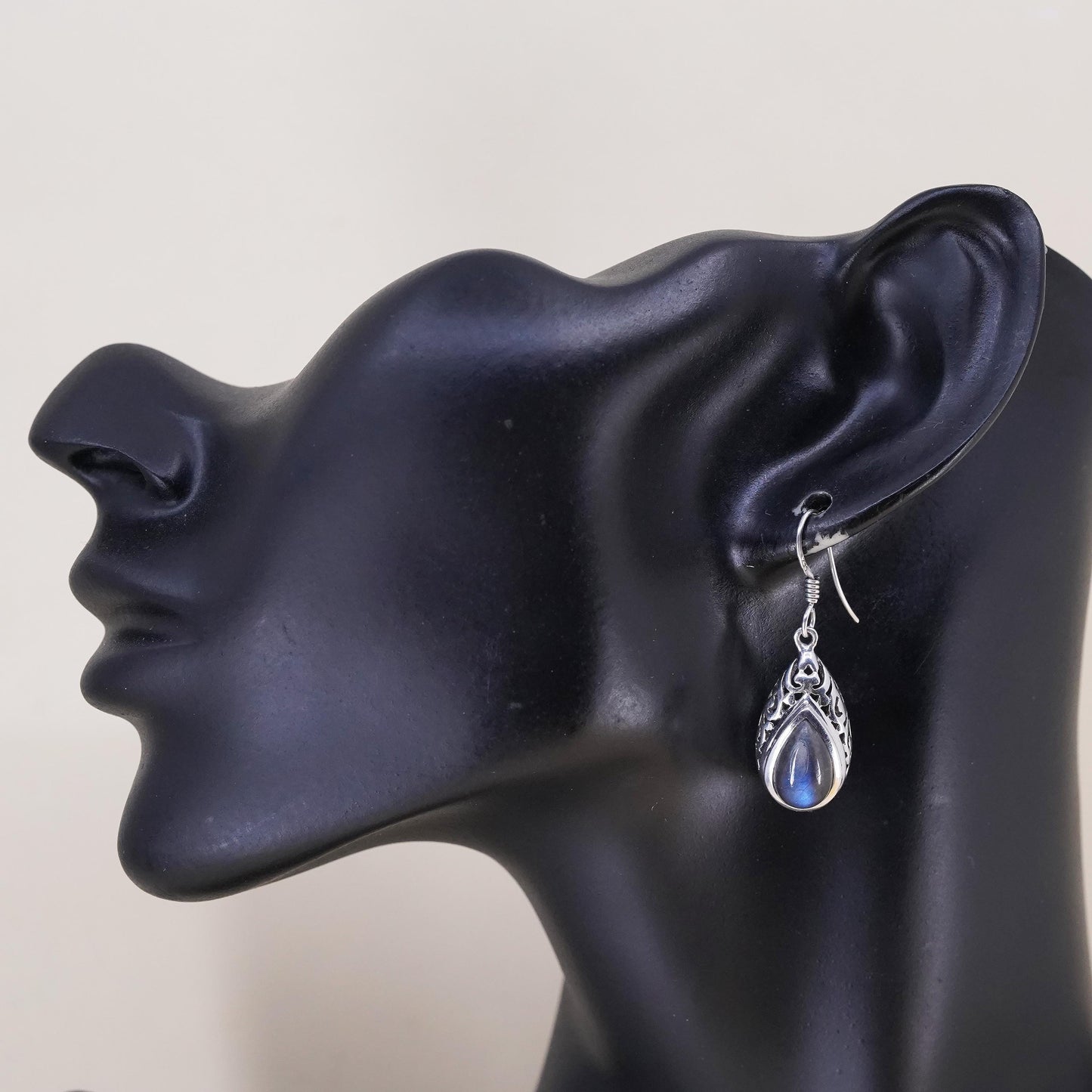 Vintage Sterling 925 silver filigree teardrop earrings with labradorite drops
