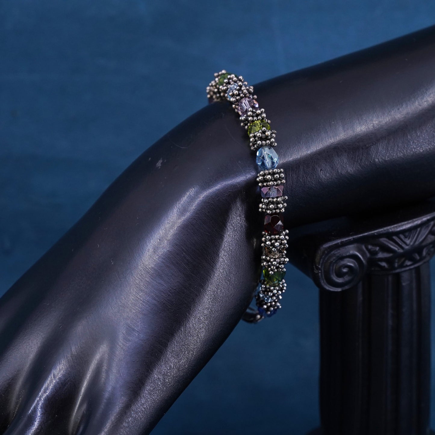 6.5", Sterling 925 silver bracelet with colorful crystal peridot garnet citrine