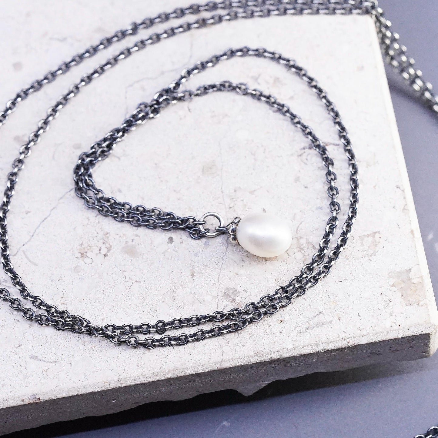 40" Sterling silver extra long sweater necklace, 925 teardrop pearl pendant