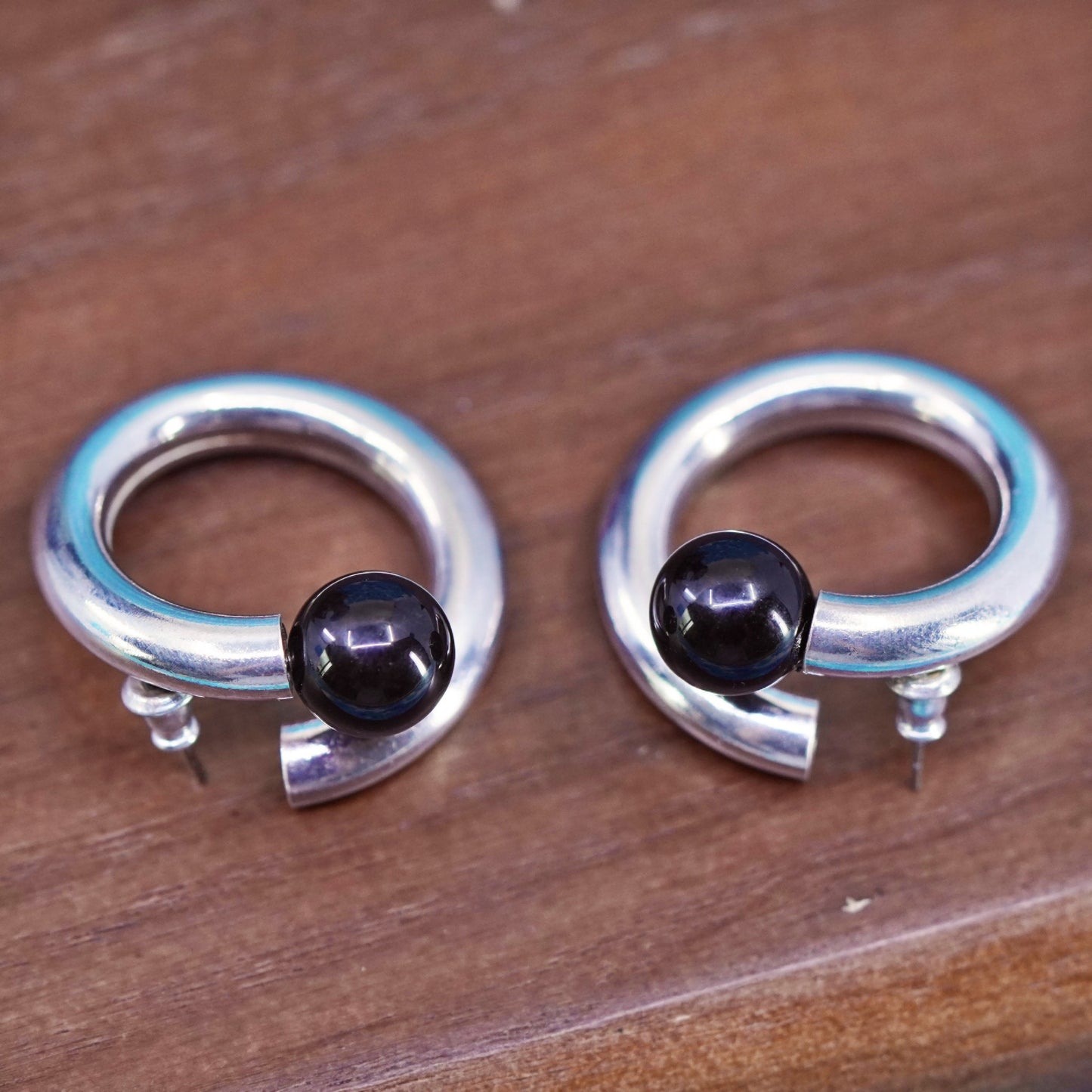 1”, Sterling silver handmade circle earrings, 925 circle studs with onyx bead