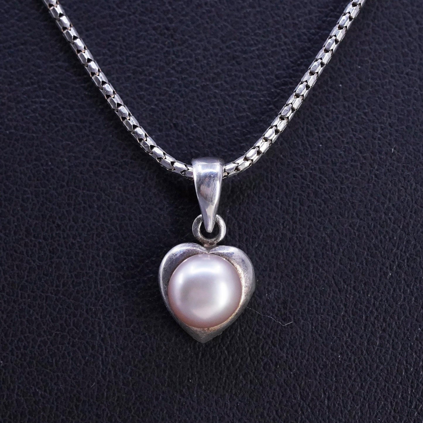18", vintage sterling silver necklace, 925 snake chain with heart pearl pendant