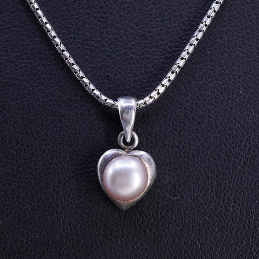 18", vintage sterling silver necklace, 925 snake chain with heart pearl pendant