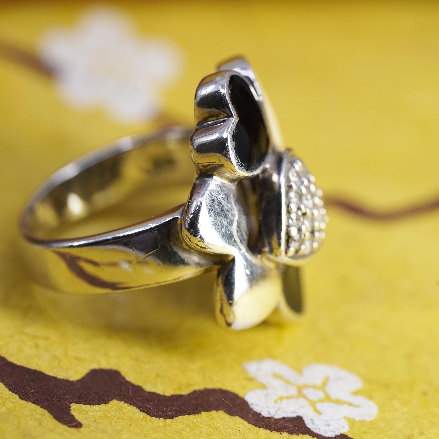 Size 6.25, Folli Follie 925 Sterling Silver 925 cluster heart ring onyx and cz