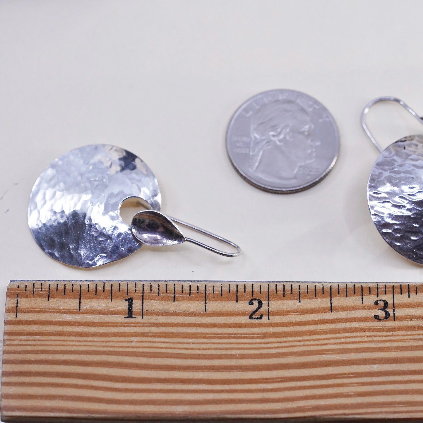 Vintage sterling silver handmade earrings, 925 silver round dangles hammered