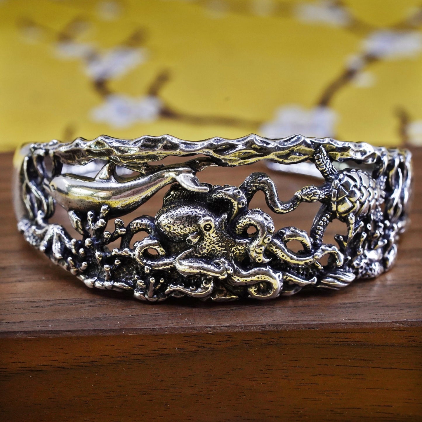 6.5", sterling silver SC bracelet, 925 sea animal octopus dolphin turtle cuff