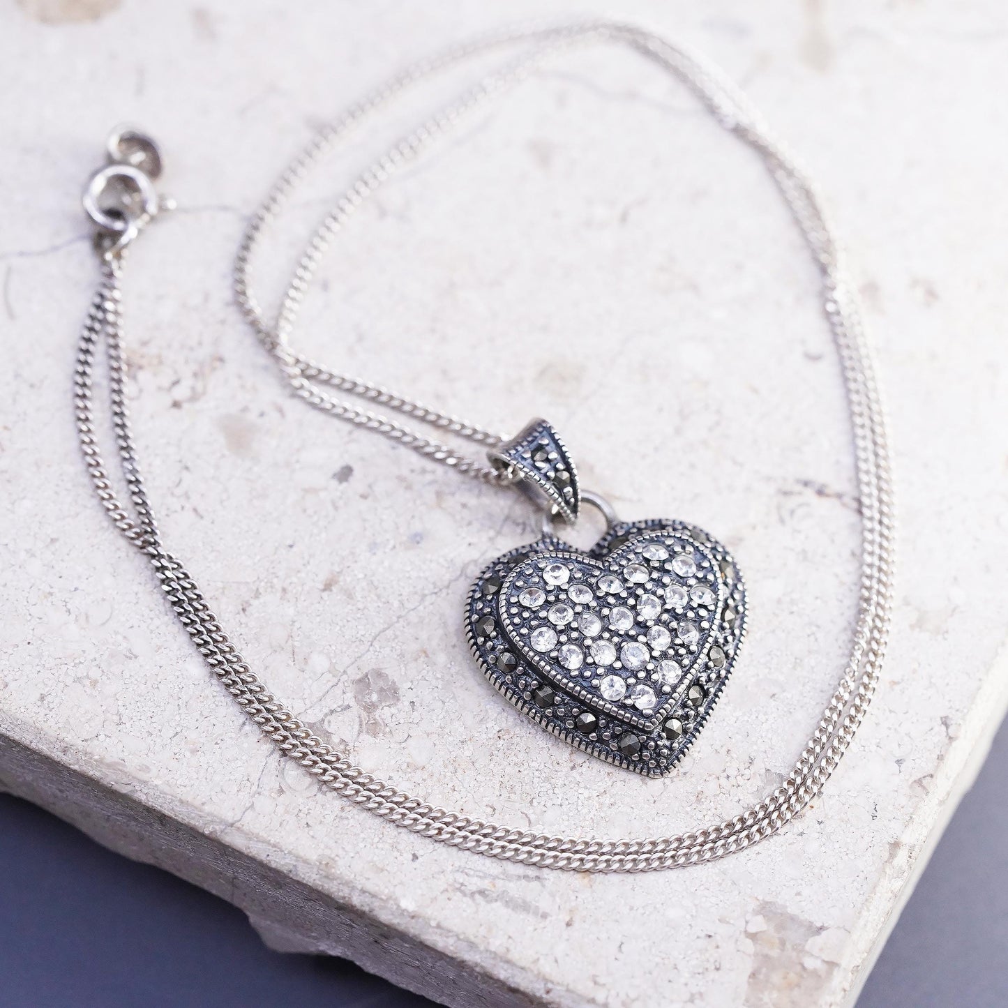 18", VTG Sterling silver necklace, 925 curb chain marcasite cz heart pendant