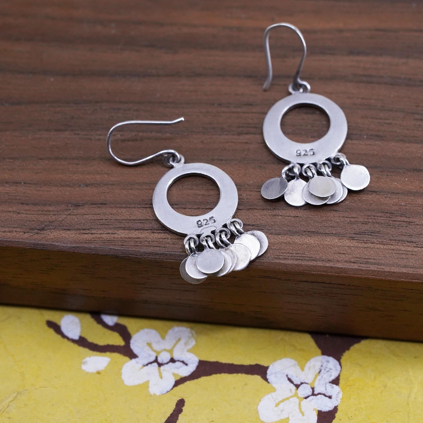 VTG matte Sterling silver handmade earrings, 925 circle dangle cluster discs