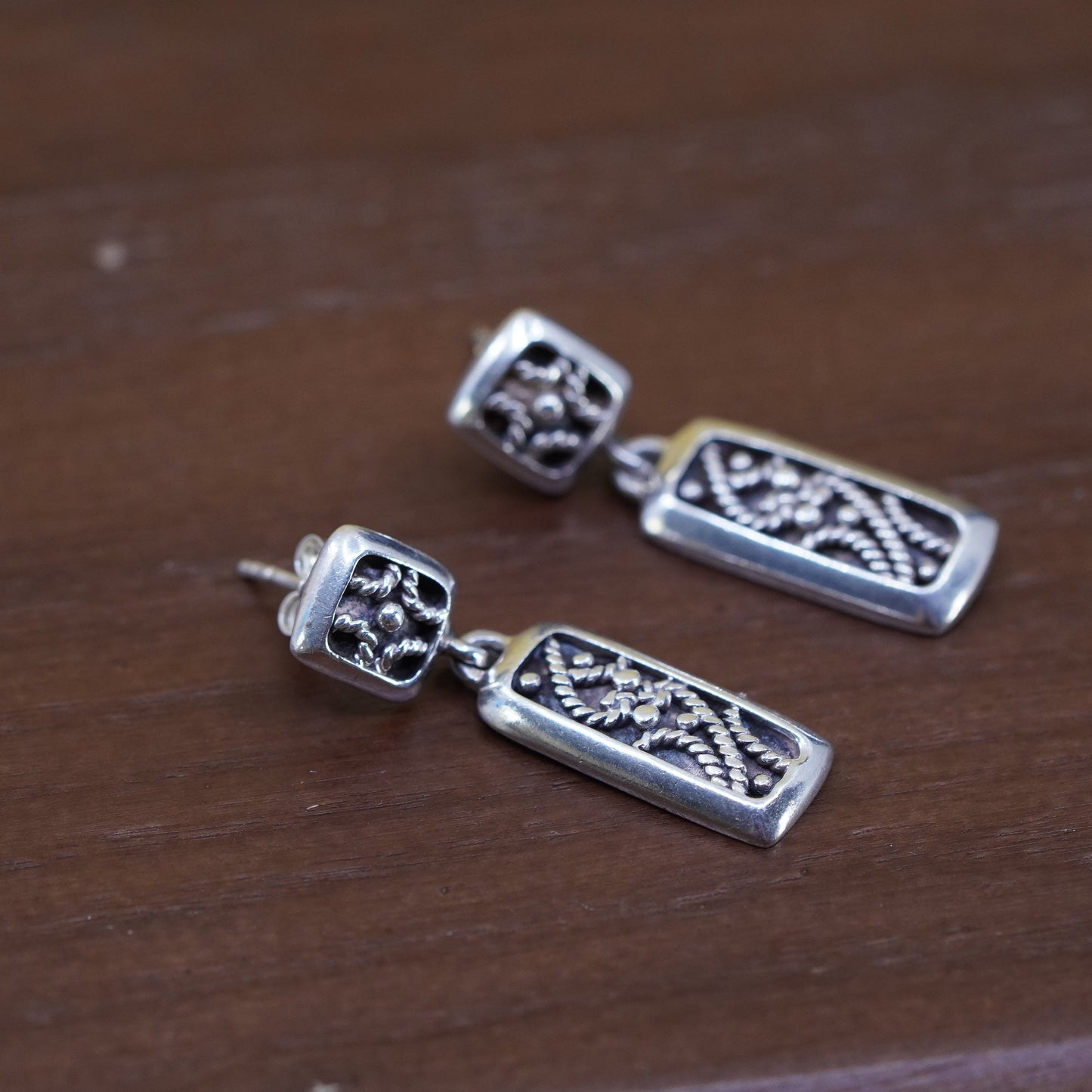 Vintage Sterling silver handmade earrings, 925 Bali Filigree beads drops