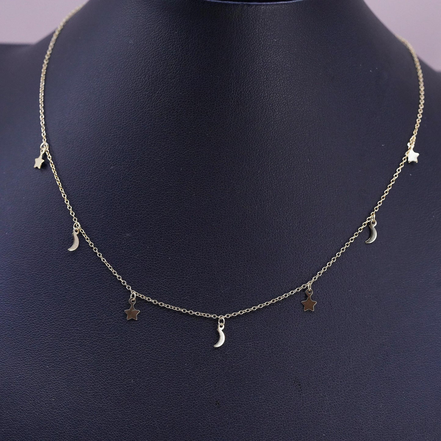 12+3", vermeil gold Sterling silver necklace, 925 circle chain moon star charms