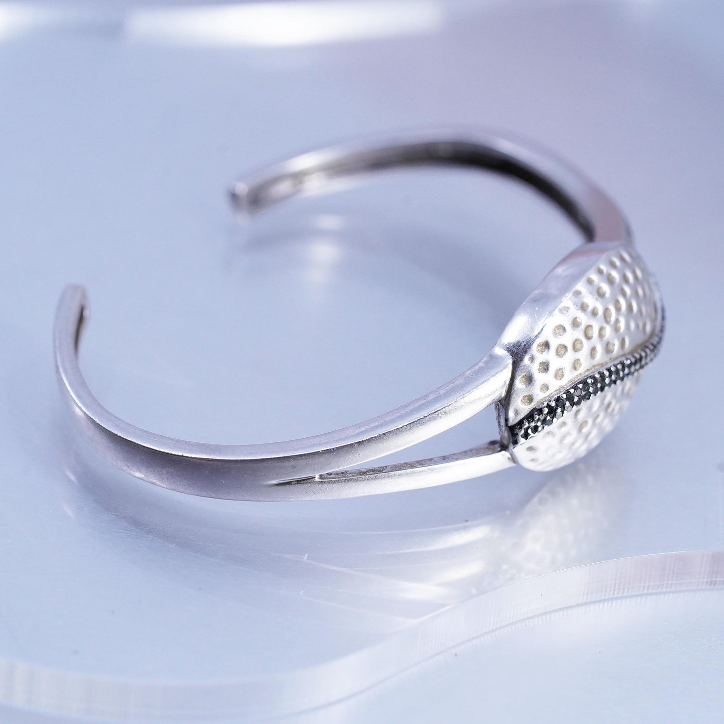 6.75" Vintage 925 Sterling Silver Black Diamonds Cuff Hammered Oval Open Bangle