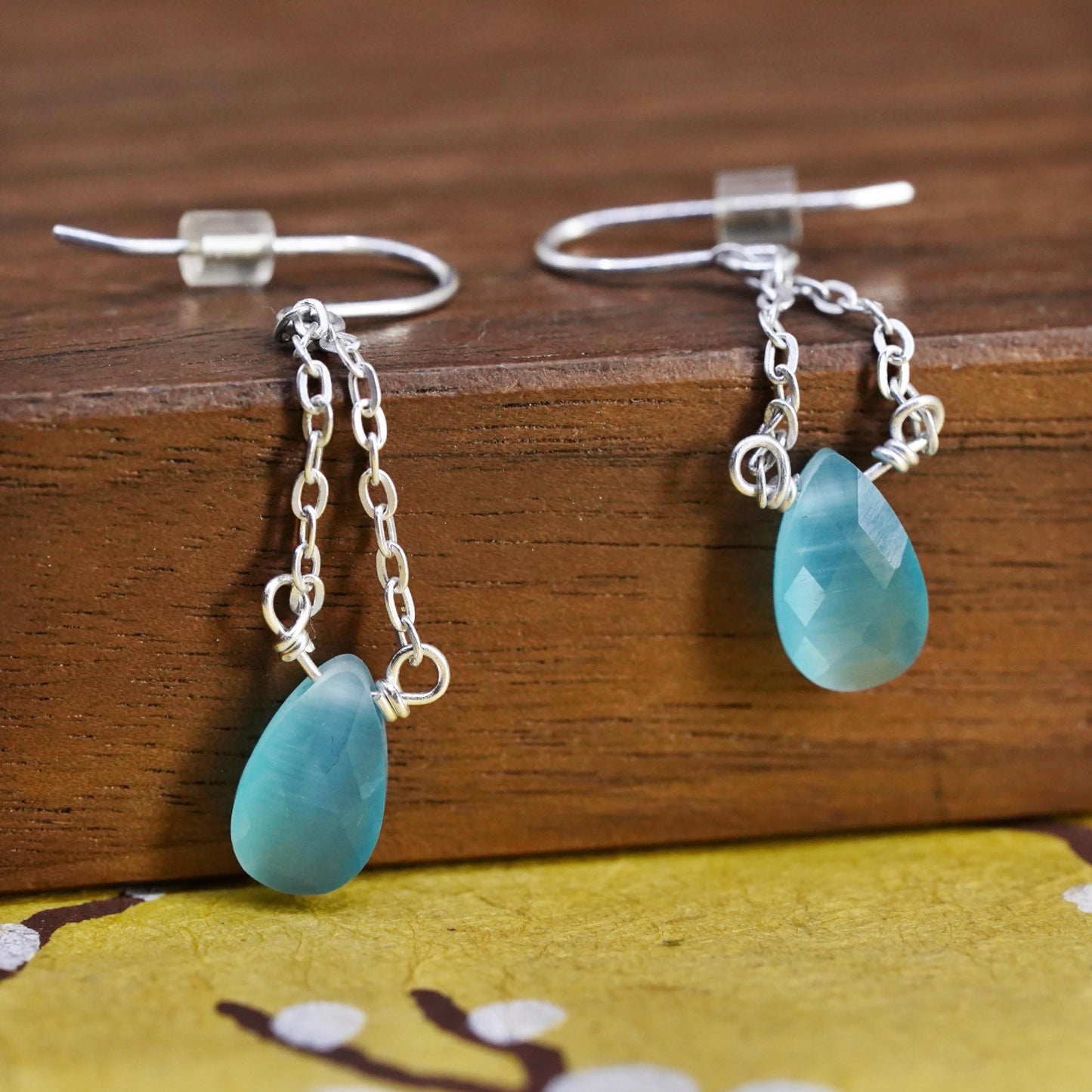 Vintage Sterling 925 silver handmade earrings with teardrop chalcedony