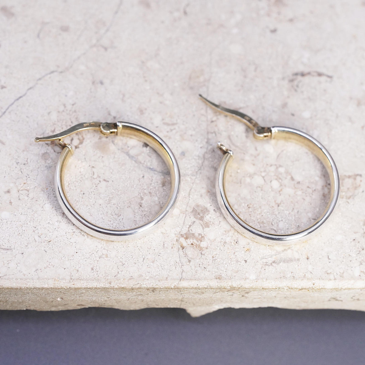 1", vintage two tone Italy Sterling silver handmade earrings, 925 hoops, huggie