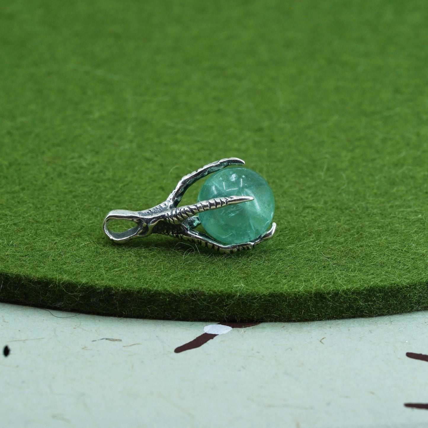 Vintage sterling silver 925 handmade dragon claw pendant with jade bead