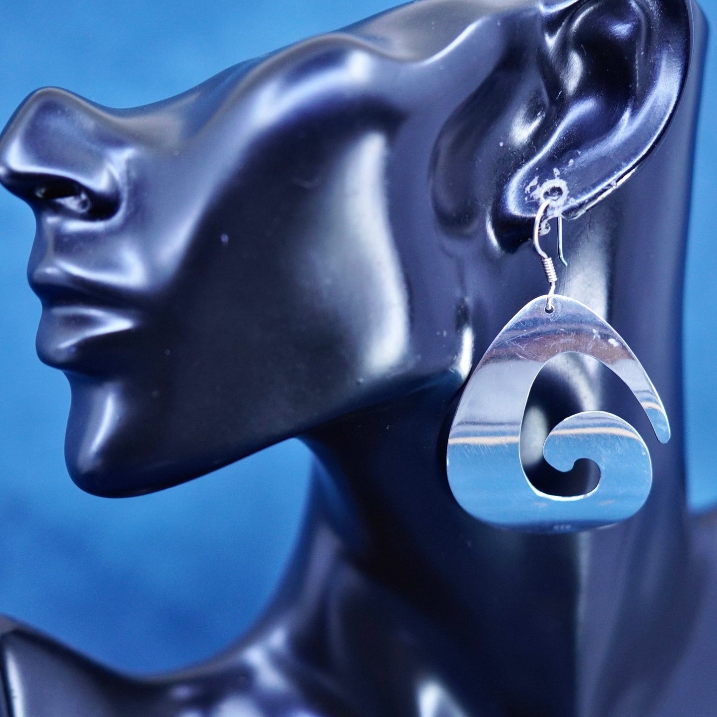 Vintage Sterling Silver handmade Earrings. Huge curvy swirly 925 teardrop