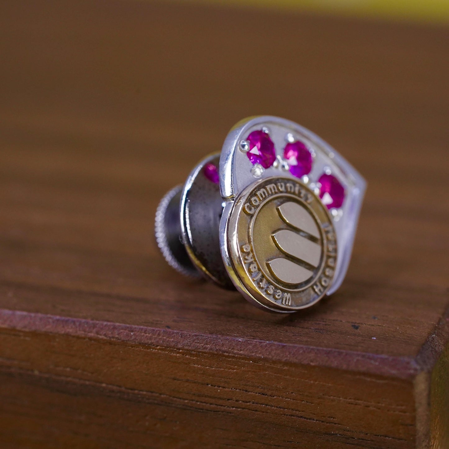4.5g, Vintage two tone 14K Westlake Community Hospital heart pin ruby, antique
