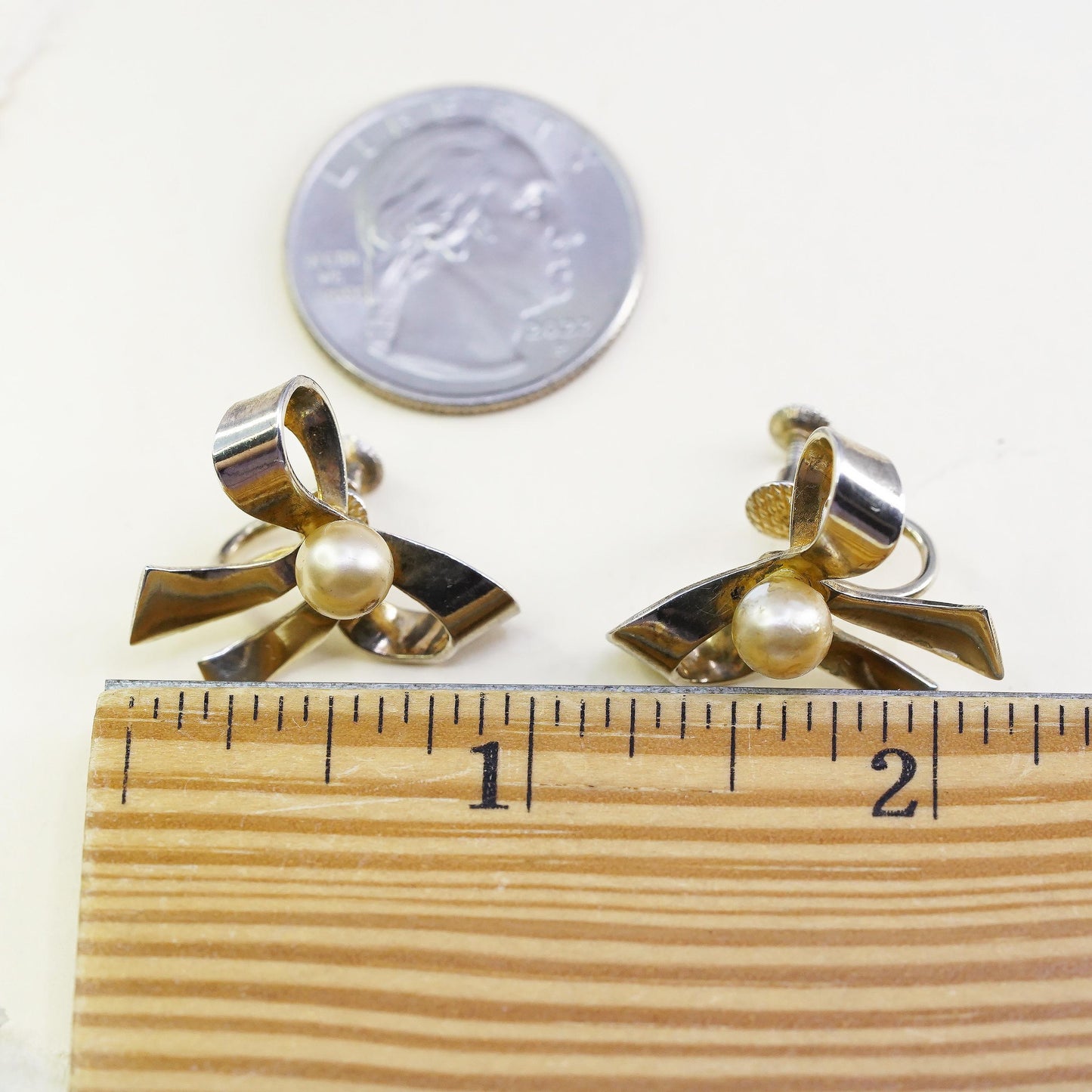 yellow gold plated Sterling silver ribbon bow tie earrings 925 screw back pearl