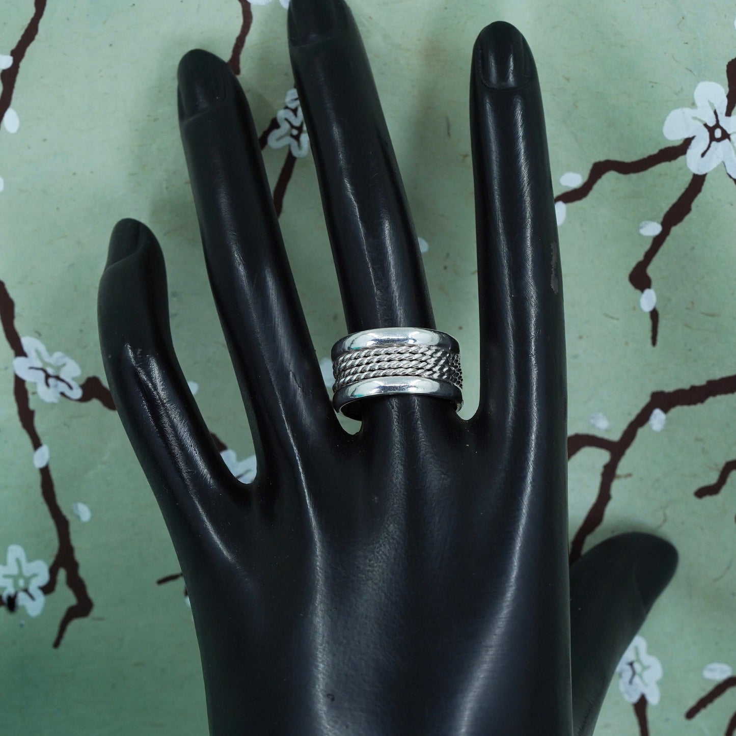 Size 8, vtg sterling silver handmade statement ring, 925 cable textured band