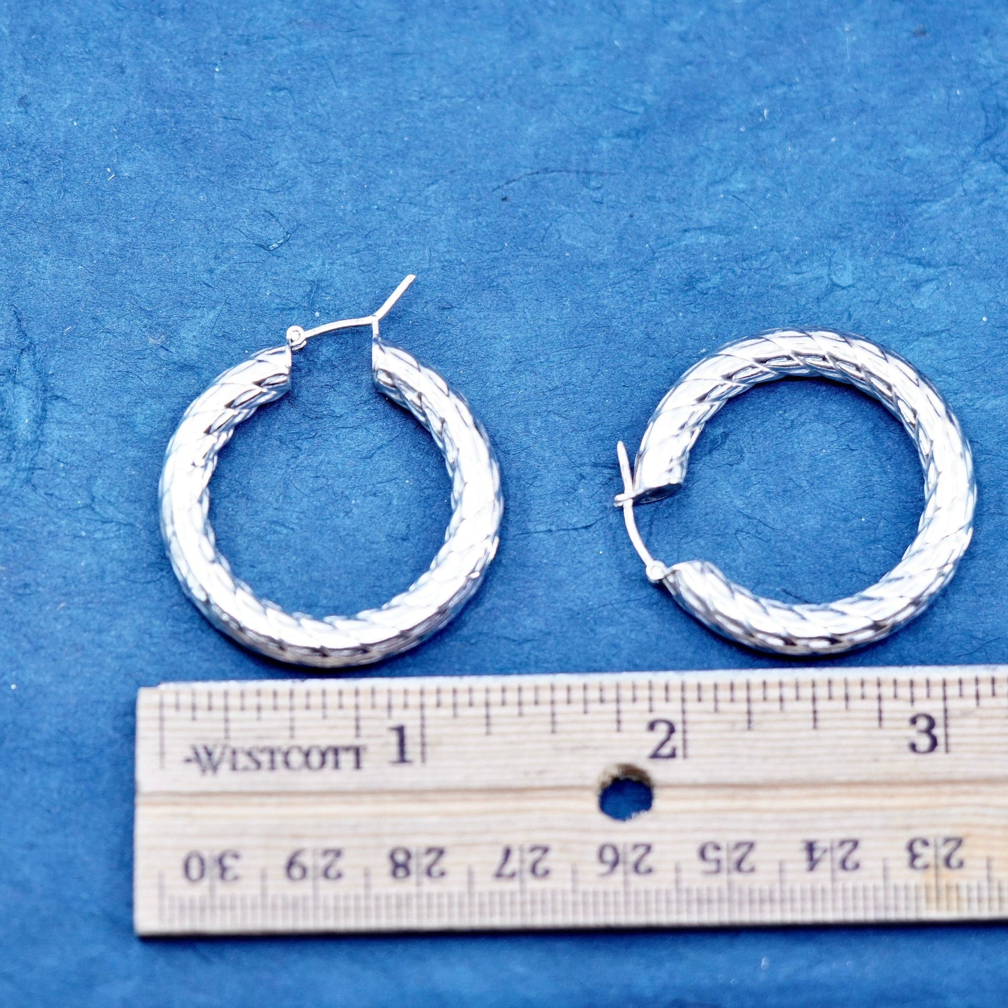1.25”, Italian Sterling silver handmade earrings, textured 925 hoops Huggie