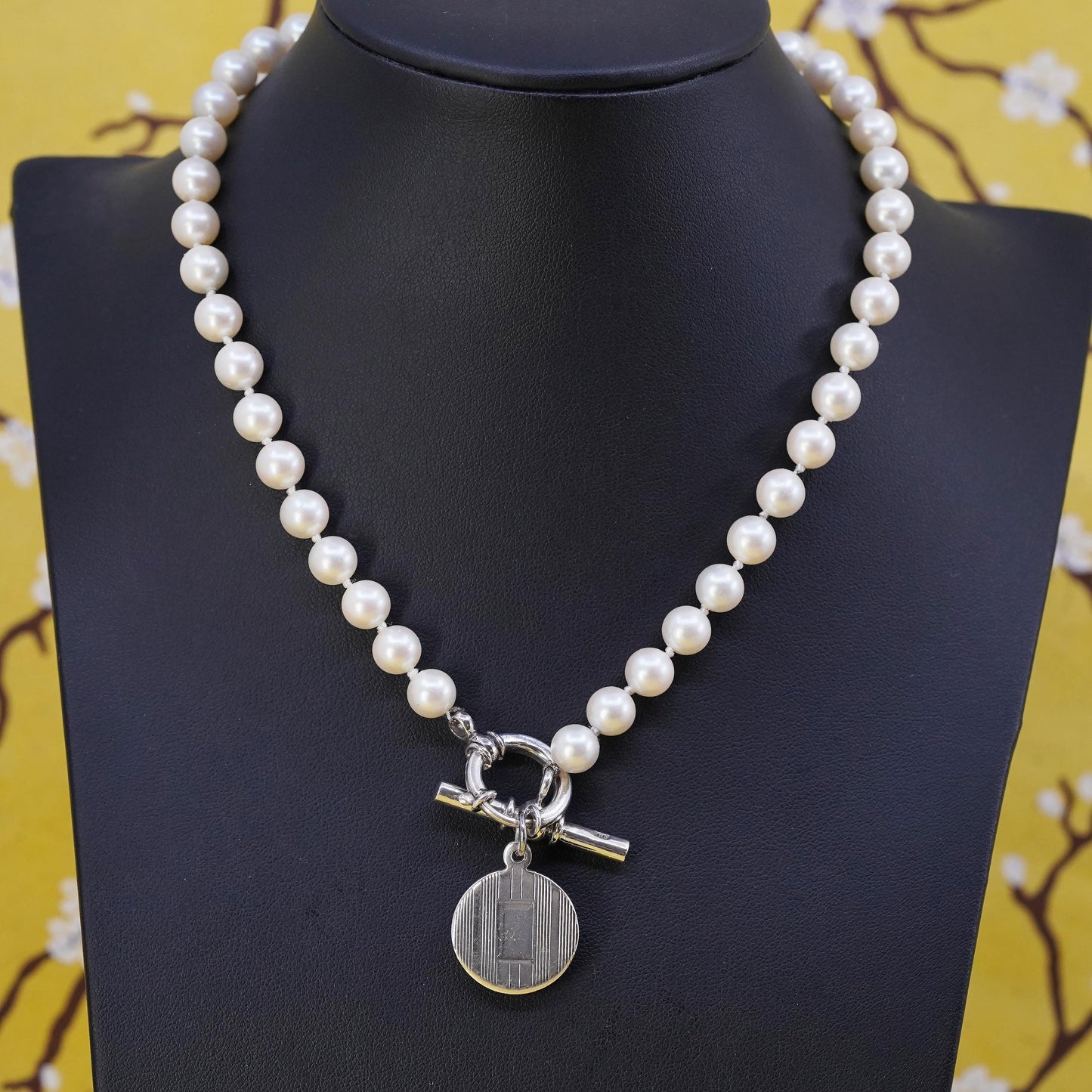 16", VTG Sterling silver necklace, 925 tag pendant 7mm freshwater pearl beads