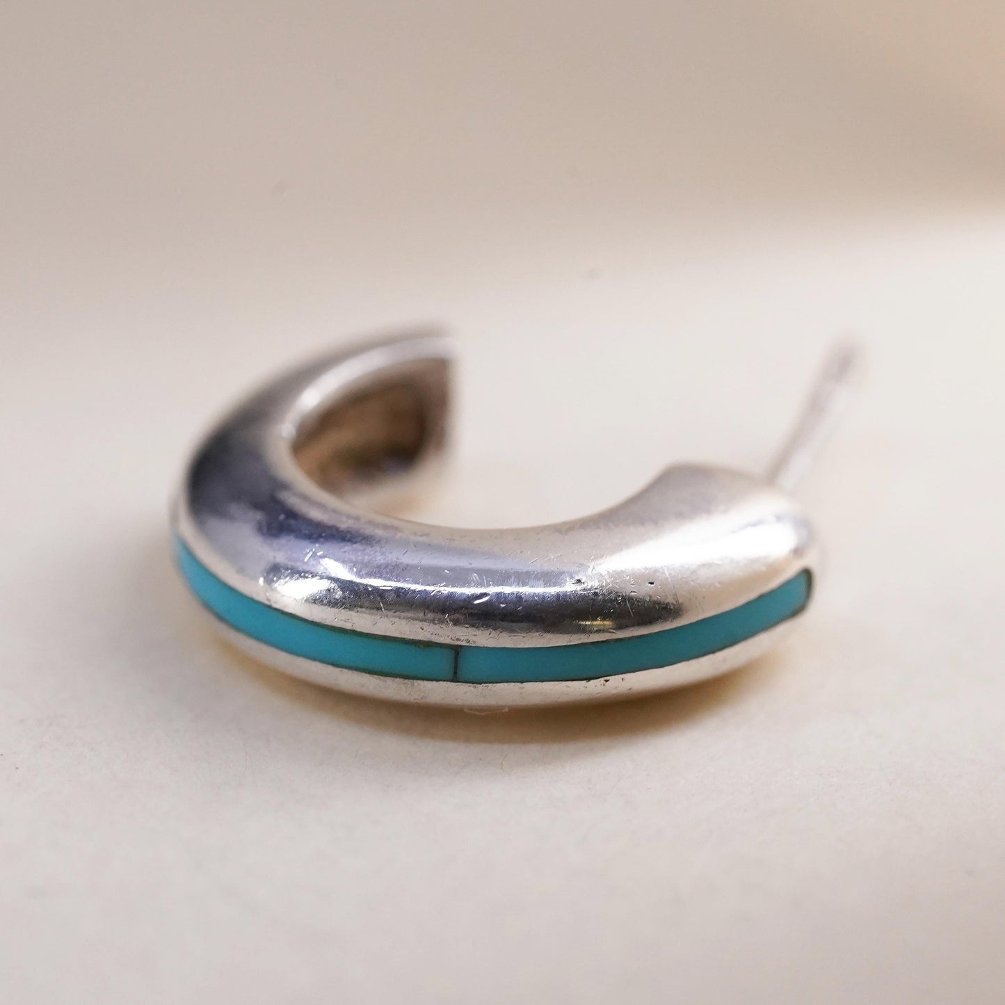 0.5”, Vintage sterling silver single earring, southwestern hoop stud turquoise
