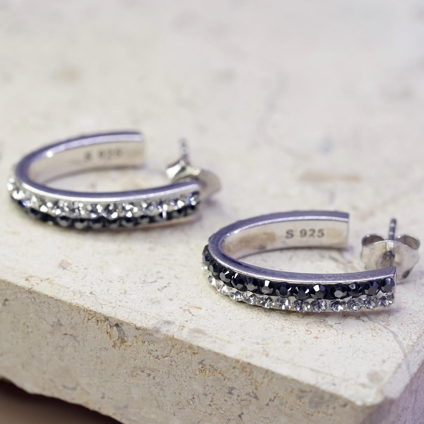 Vintage Sterling silver handmade earrings, 925 huggie studs with cluster cz