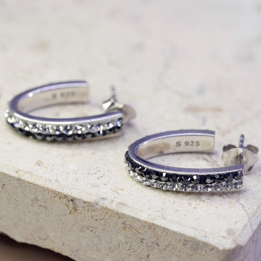 Vintage Sterling silver handmade earrings, 925 huggie studs with cluster cz