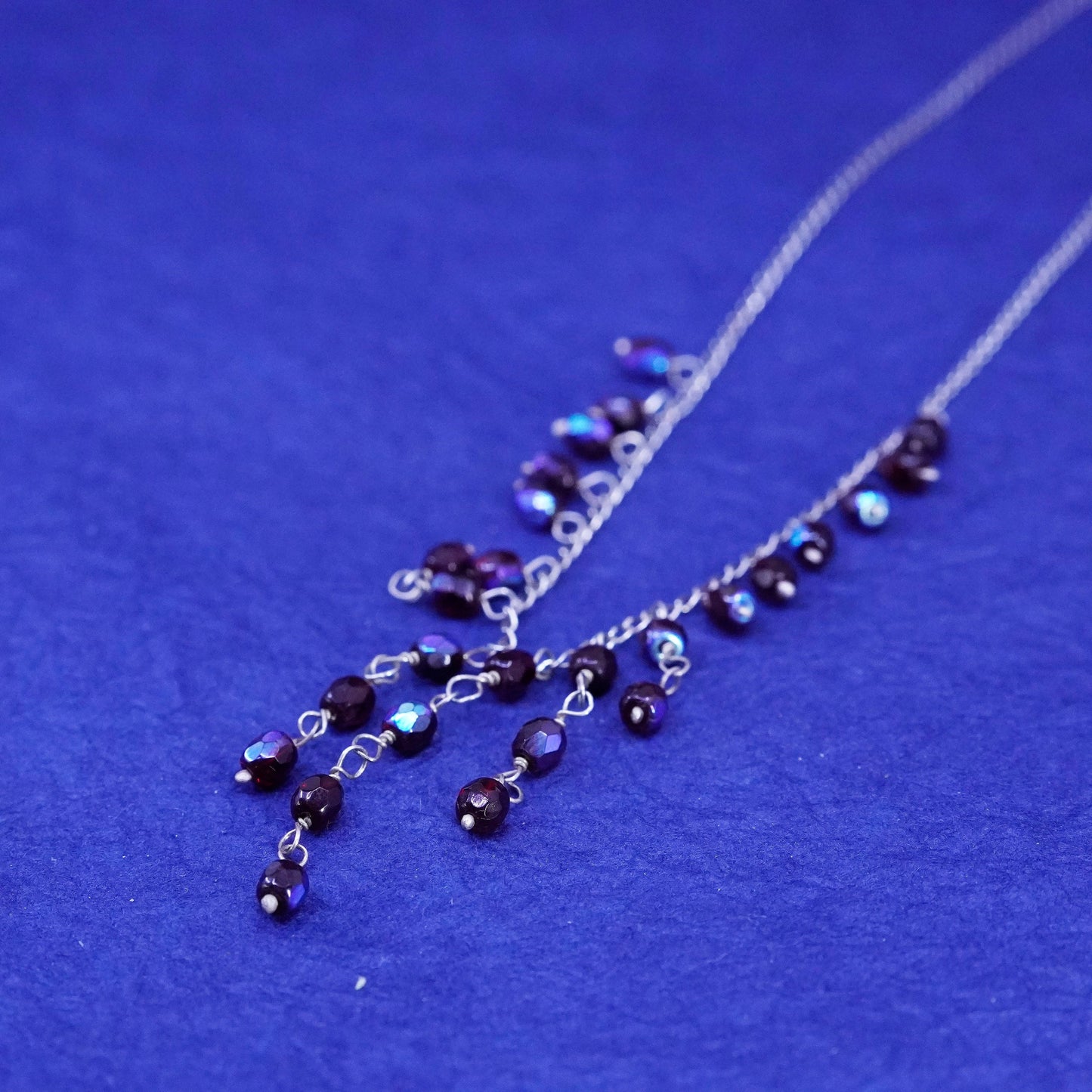 16”, Sterling silver handmade necklace, 925 curb chain with garnet bead fringe